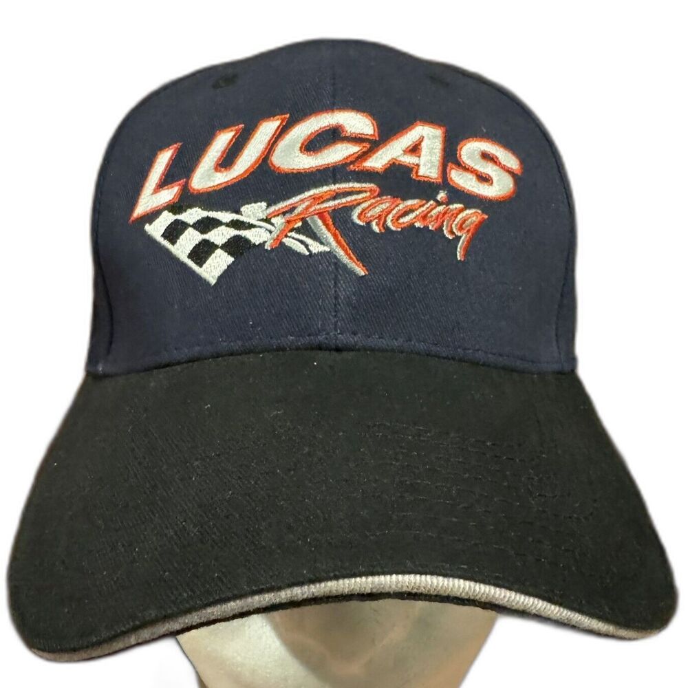 Lucas Oil Racing Apparel Navy Blue Black Embroidered Checkered Flag Hat Cap OSFM